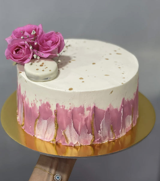 Pink Buttercream Strokes with Fresh Roses Cake